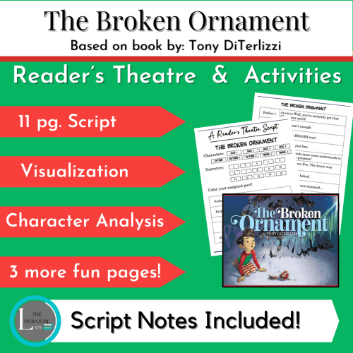 Child's reading and activity pages for "The Broken Ornament" book by Tony DiTerlizzi, with script notes and character analysis.