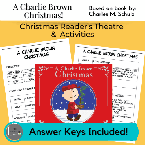Cute Charlie Brown Christmas book cover with activities and answer keys for holiday learning.