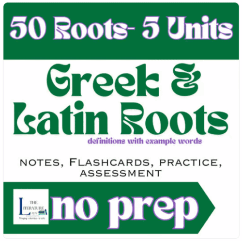 English alphabet Greek and Latin roots flashcards, notes, practice, assessment for language learners.