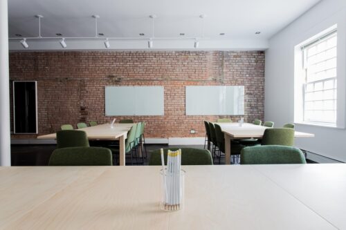 bricks, chairs, classroom, empty, office, room, tables, wall, brick walls, office, office, office, office, office